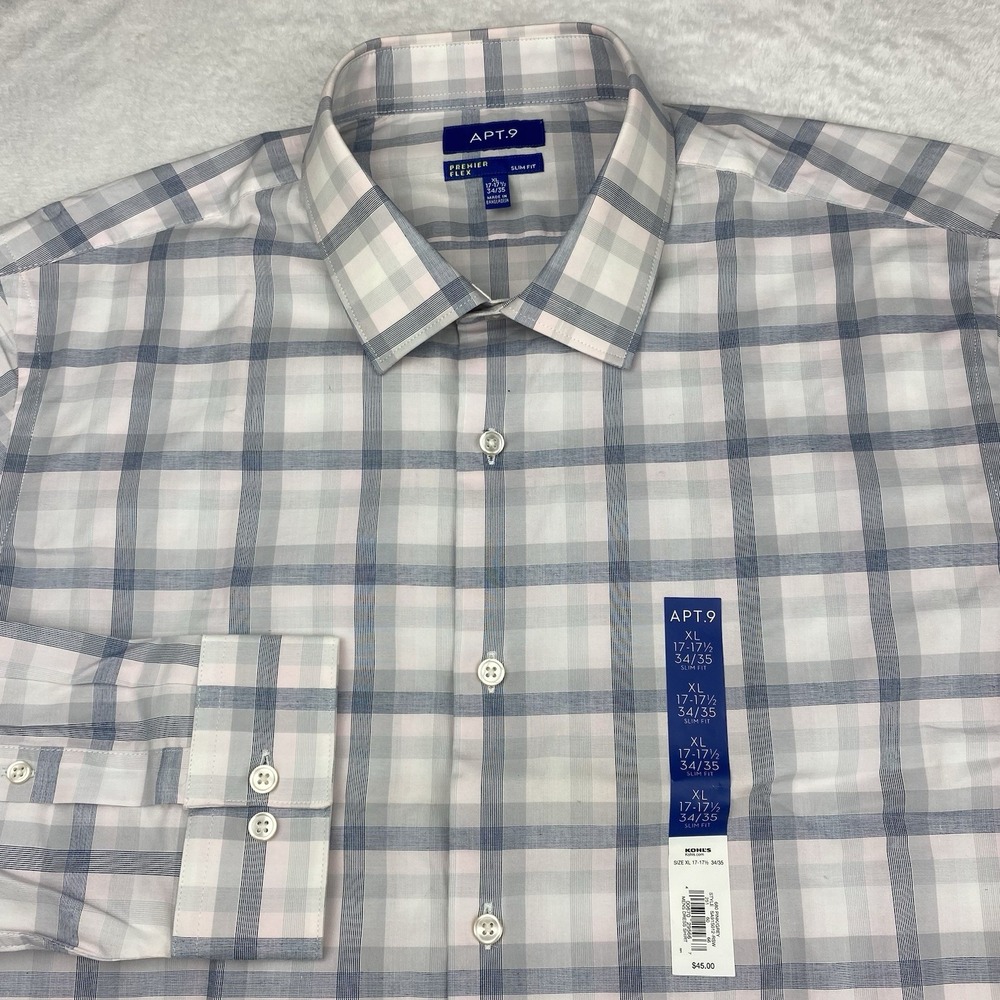 APT. 9 Dress Shirt Mens 17-17.5/34-35 Pink-Blue Check Premier Flex Slim Fit NWT!